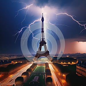 A moment of lightning in the background of the eiffel tower in paris