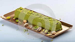 Dubai Chocolate bar with green kadayif and pistachio spread with pistachio nuts close up photo