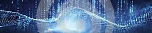 Blue Digital Wave Banner with Binary Code Matrix Design
