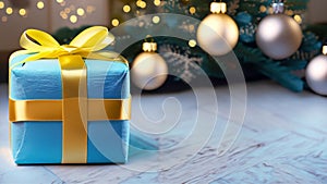 Generated image. A gift box wrapped in blue paper.