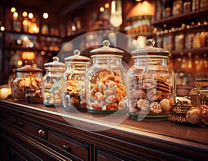 Candy Store with Old-Fashioned Jars and Cookies on the Shelf