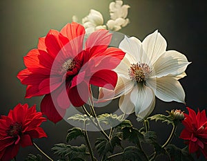 Anthropomorphic Red and White Flowers with Light Effect on Nature Background