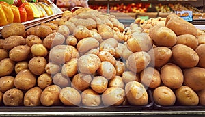 Potatoes stand. Potatoes in a supermarket stand