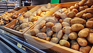 Potatoes stand. Potatoes in a supermarket stand