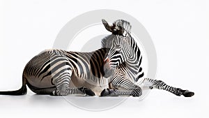 Zebra lying down, isolated on white background.