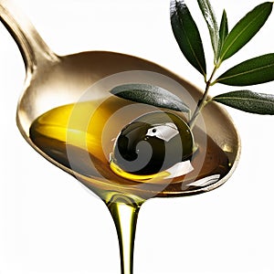 Olive oil over spoon with branch and olive