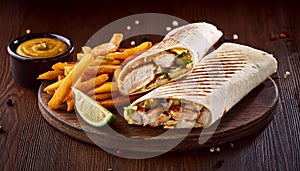 Shawarma wrap with chicken, fries and pickles