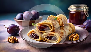 Rolled pancakes with plums jam and walnuts filling on a bright background