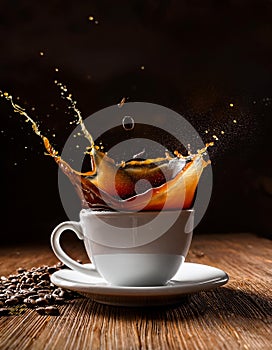 Coffee splash. Cup of spilling coffee creating splash