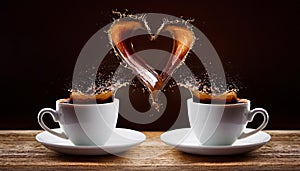 Love splash of coffee. Two heart shaped cups of coffee and love splash - Heart.