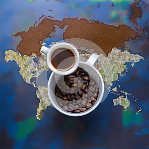 Coffee Beans World Drink. Coffee with beans and a world map