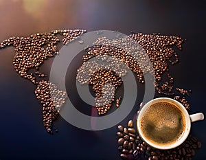 Coffee Beans World Drink. Coffee with beans and a world map