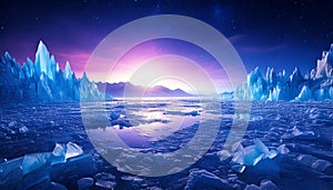 Blue ice mountains at sunrise. AI-Generated image.
