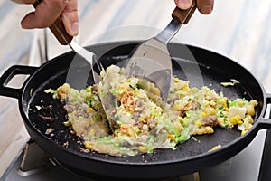 Monjayaki at home (chopping ingredients)