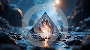 A glass triangle and the universe. Double exposure.