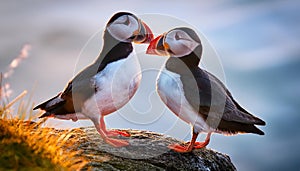 A pair of Atlantic Puffins stand on an Icelandic rock beak to beak.