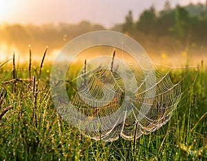 Morning meadow. Spiderweb on a dewy meadow in early summer morning