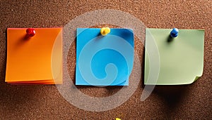 Colorful note papers. Post it notes on cork board