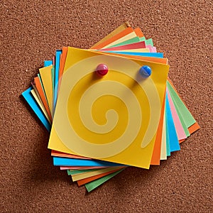Colorful note papers. Post it notes on cork board