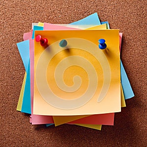 Colorful note papers. Post it notes on cork board
