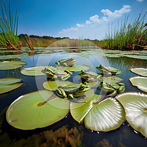 Vibrant Green Frogs on Lily Pads in Serene Pond