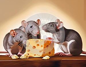 A group of rats gnawing on a piece of cheese.