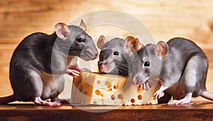 A group of rats gnawing on a piece of cheese.