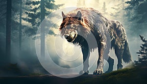 Fotorealistisch Giant Sabertooth Wolf In Foggy Forest Background.