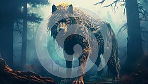 Fotorealistisch Giant Sabertooth Wolf In Foggy Forest Background.