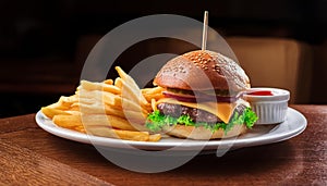 A freshly cooked burger and fries - Generated by Ai.
