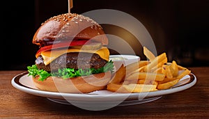 A freshly cooked burger and fries - Generated by Ai.