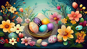 Easter eggs in a nest. Illustration with flowers and Easter eggs. Generated image
