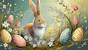 Easter bunny with flowers and eggs. Easter illustration. Generated image