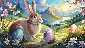 Easter bunny with Easter Eggs. Bright Spring landscape. Generated image