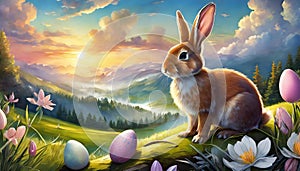 Easter bunny with Easter Eggs. Bright Spring landscape. Generated image