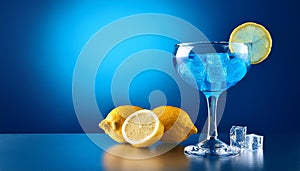 Blue cocktail with lemon, on blue