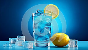 Blue cocktail with lemon, on blue