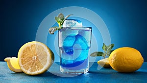 Blue cocktail with lemon, on blue