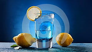 Blue cocktail with lemon, on blue