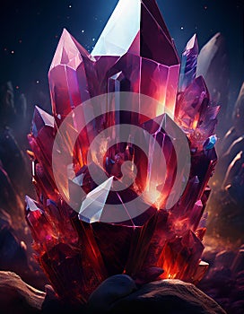 3d rendering of abstract geometric composition with crystal stones in red light