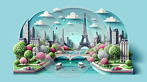 Papercraft vector-style image of panorama of Paris with the city's main sights