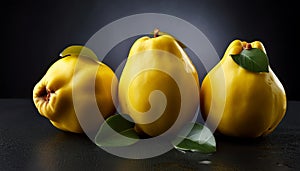 Arrangement of three fresh yellow quinces