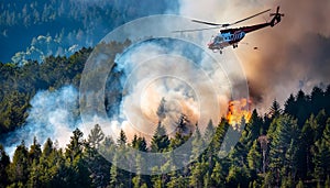 Aerial Firefighting Helicopter Dousing Flames in Forest. photo