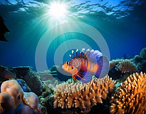 Mandarinfish Swimming in the Sea with Sun Rays passing through the sea