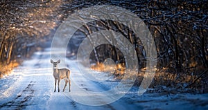 A deer standing in the middle of a snow covered road. Generative AI