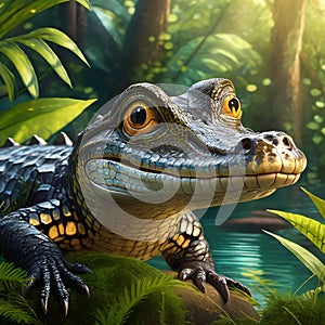 Portrait of a baby caiman with the rainforest in the background