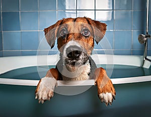 Dog in bath tub, afraid of having to get bathed. Humorous dog sitting in a bath tub, scared about having a bath.