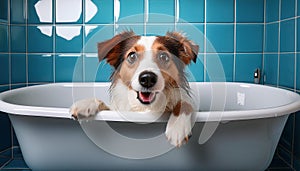 Dog in bath tub, afraid of having to get bathed. Humorous dog sitting in a bath tub, scared about having a bath.