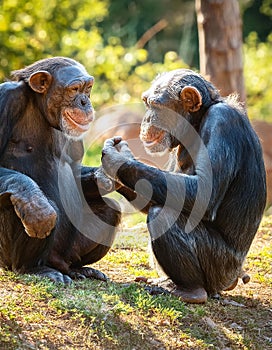 Two chimpanzees talking. Two chimpanzees meeting with each other apparently having a discussion using hand gestures