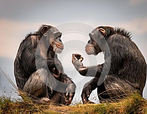 Two chimpanzees talking. Two chimpanzees meeting with each other apparently having a discussion using hand gestures